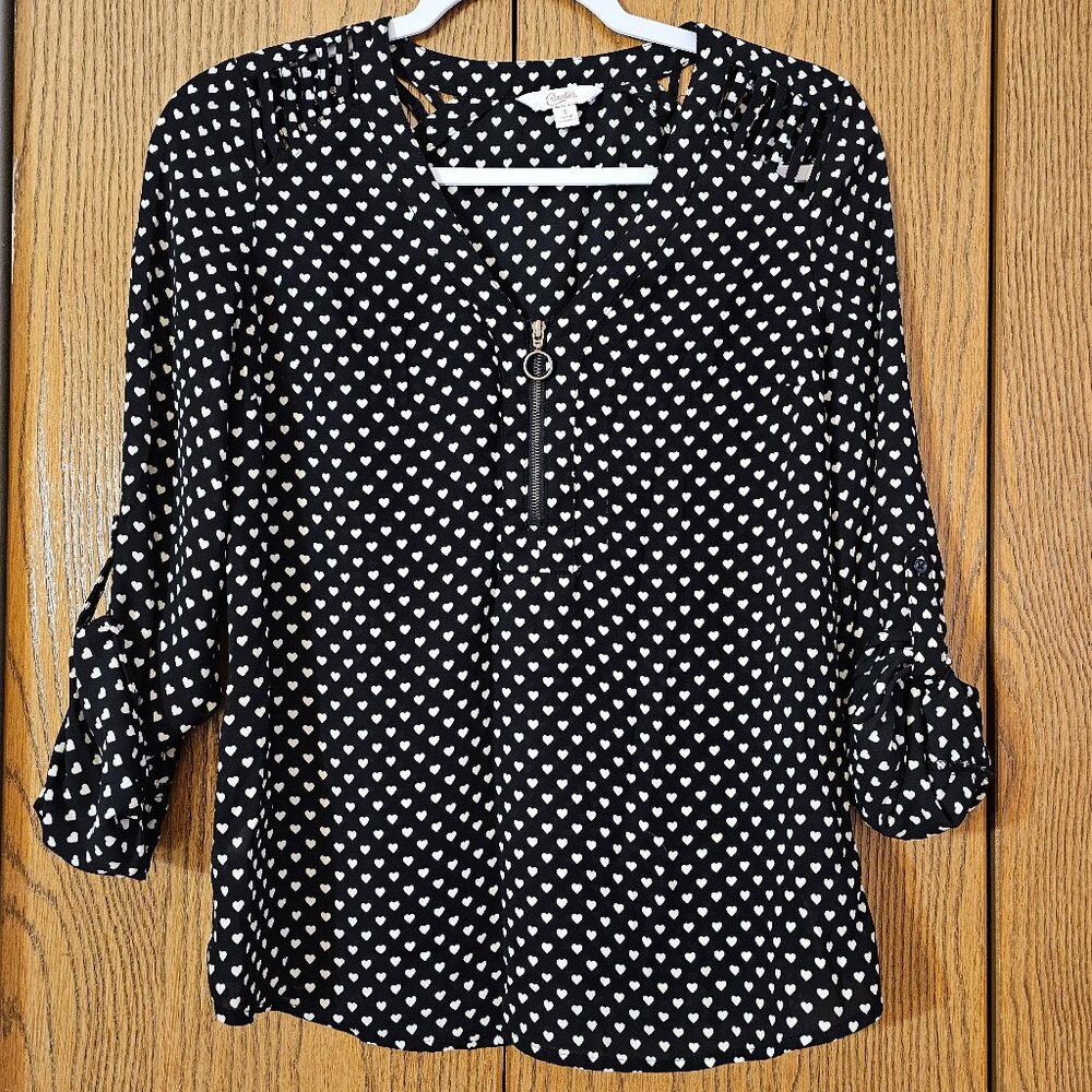 Black and White Heart Patterned Blouse with Cutout Detail